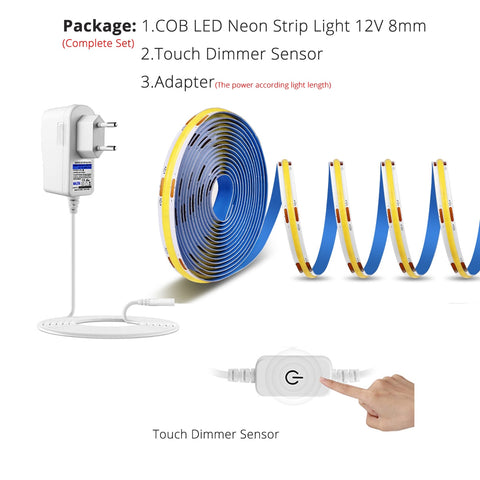 COB Led Strip Tape Light 12V 320 leds/m Width 8mm with Adapter Cabinet Door Touch Dimmer Hand Sweep PIR Motion Sensor Switch