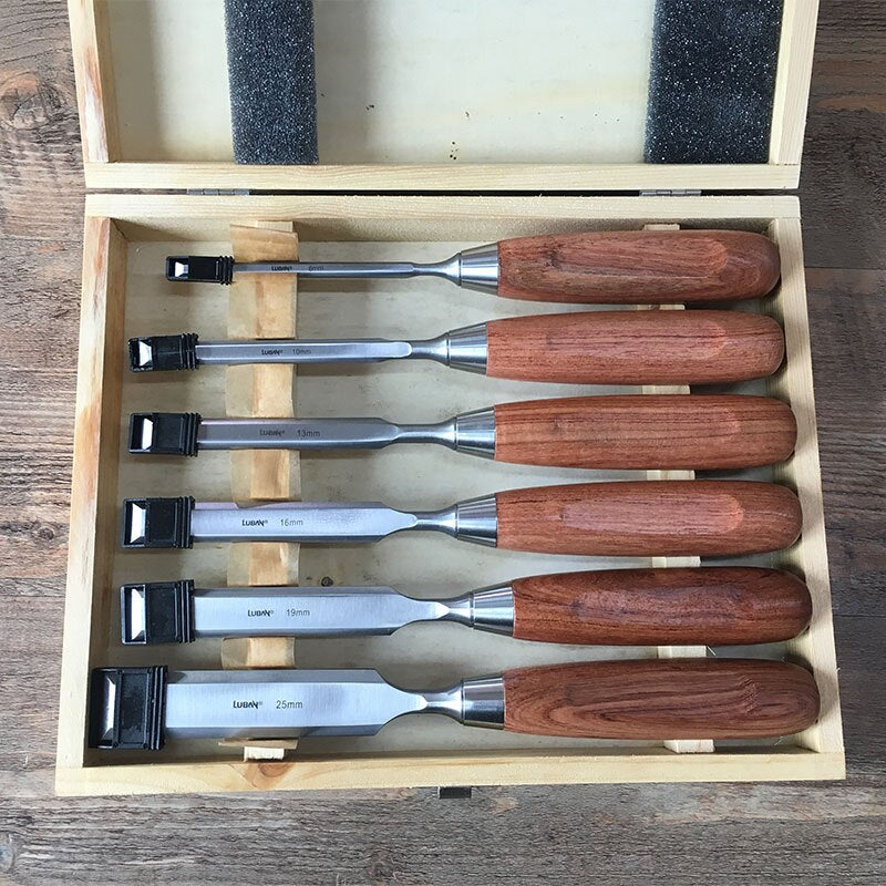 Luban 6 sets of long wooden chisel, flat chisel, chrome vanadium steel arbor, Rosewood Handle, wooden box chisel