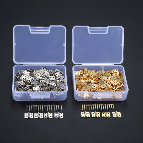100pcs/box 8*10mm Brass Mini Hinge + Nail+Box Gold/Silver 4 Holes Cabinet Door Luggage Cupboard Decor Jewelry Wood Wine Box