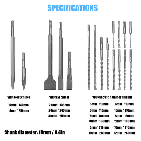 17 PCS Rotary Hammer Drill Bits Set & Chisels- SDS Plus Concrete Masonry Hole Tool with Special High-Quality Aluminum Box