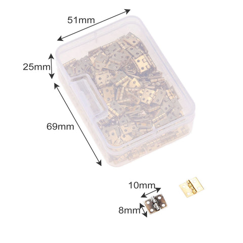 100pcs/box 8*10mm Brass Mini Hinge + Nail+Box Gold/Silver 4 Holes Cabinet Door Luggage Cupboard Decor Jewelry Wood Wine Box