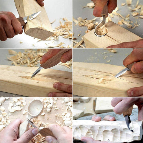 ALLSOME 8Pcs Wood Carving Knife Chisel Woodworking Cutter Hand Tool Set Peeling Woodcarving Sculptural Spoon Carving Cutter
