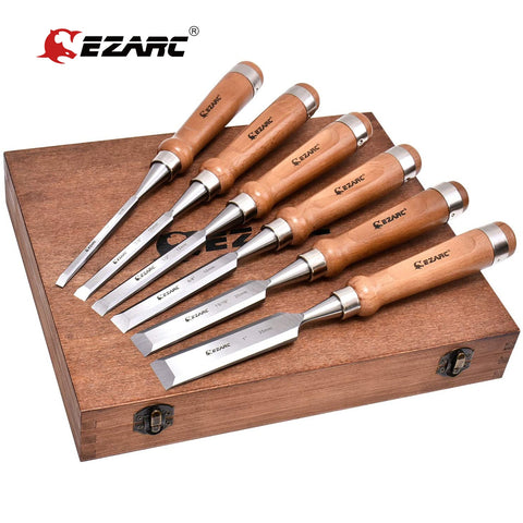 EZARC 6pcs Wood Chisel Set for Woodworking CRV Steel with Walnut Handle in Wooden Premium Box