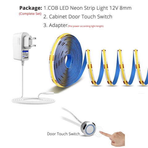 COB Led Strip Tape Light 12V 320 leds/m Width 8mm with Adapter Cabinet Door Touch Dimmer Hand Sweep PIR Motion Sensor Switch