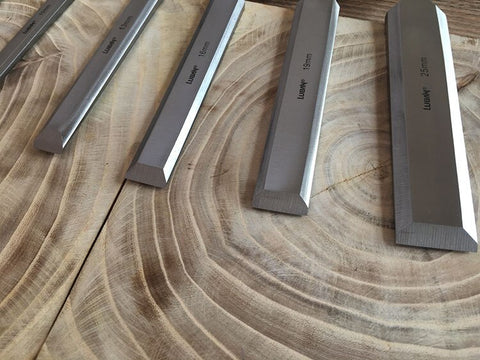 Luban 6 sets of long wooden chisel, flat chisel, chrome vanadium steel arbor, Rosewood Handle, wooden box chisel
