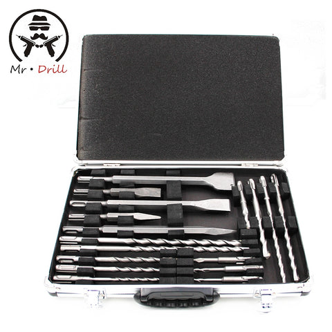 17pcs electric hammer drill point chisel flat chisel aluminum box set SDS impact drill wall hole drilling woodworking tools