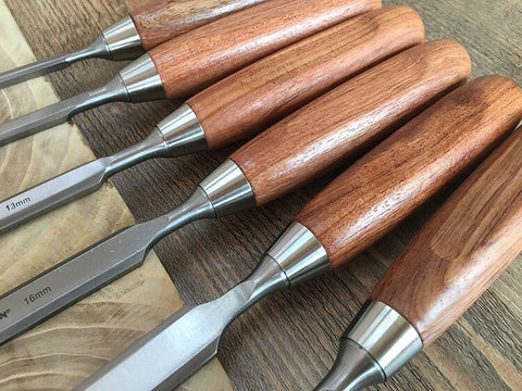 Luban 6 sets of long wooden chisel, flat chisel, chrome vanadium steel arbor, Rosewood Handle, wooden box chisel