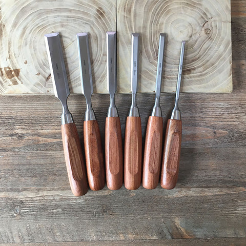 Luban 6 sets of long wooden chisel, flat chisel, chrome vanadium steel arbor, Rosewood Handle, wooden box chisel