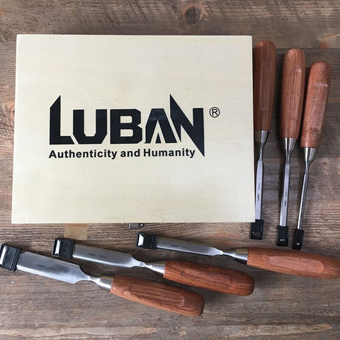 Luban 6 sets of long wooden chisel, flat chisel, chrome vanadium steel arbor, Rosewood Handle, wooden box chisel