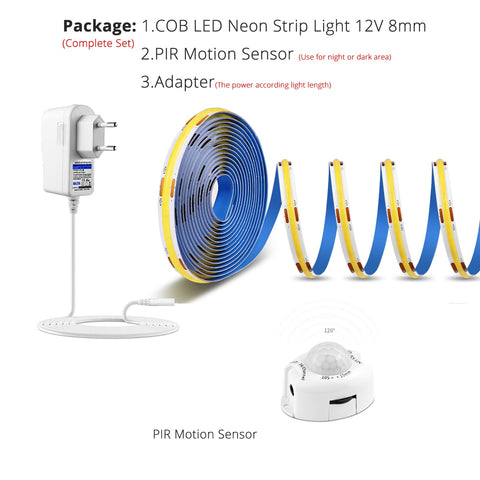 COB Led Strip Tape Light 12V 320 leds/m Width 8mm with Adapter Cabinet Door Touch Dimmer Hand Sweep PIR Motion Sensor Switch