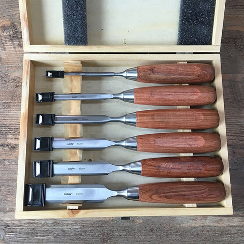 Luban 6 sets of long wooden chisel, flat chisel, chrome vanadium steel arbor, Rosewood Handle, wooden box chisel