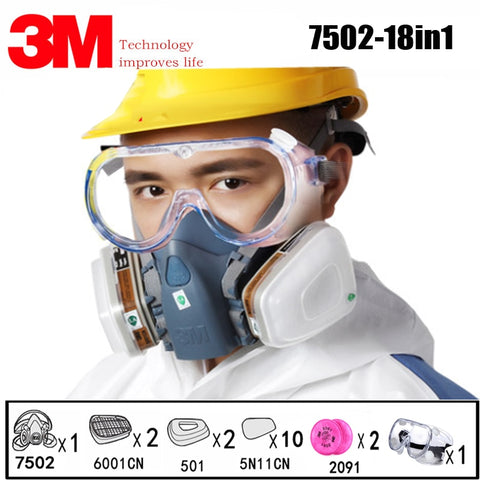 18 in 1 3M 7502 Half Face Safety Respirator Gas Mask With 3M 1621 Goggles Painting Spraying Industry Anti Dust Mask