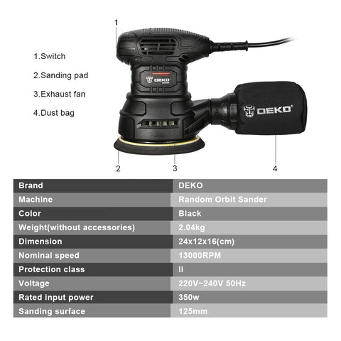 DEKO 350W/450W Random Orbit Sander Machine with 125mm Sandpaper Dust Collection Polisher (DKSD125J1/DKSD150J2)