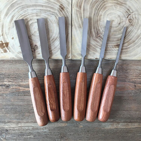 Luban 6 sets of long wooden chisel, flat chisel, chrome vanadium steel arbor, Rosewood Handle, wooden box chisel