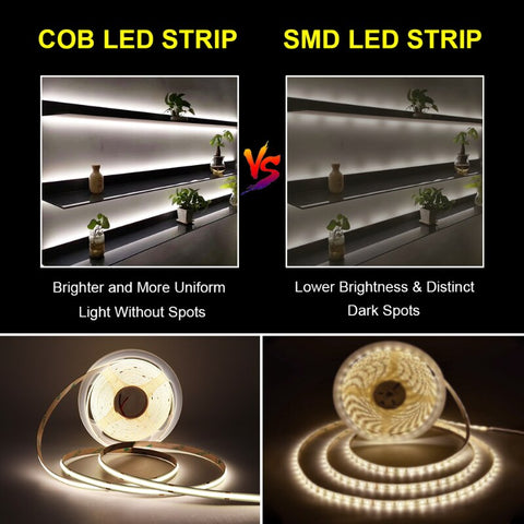 UL Listed COB LED Strip Light 480 528 LEDs/m 16.4ft High Density Flexible Tape Ribbon 3000-6500K RA90 Led Lights DC12V