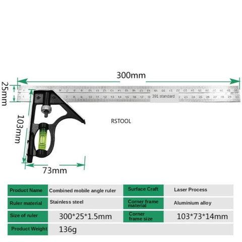 300Mm Adjustable Combination Square Angle Ruler 45 / 90 Degree With Bubble Level Multifunctional Gauge Measuring Tools