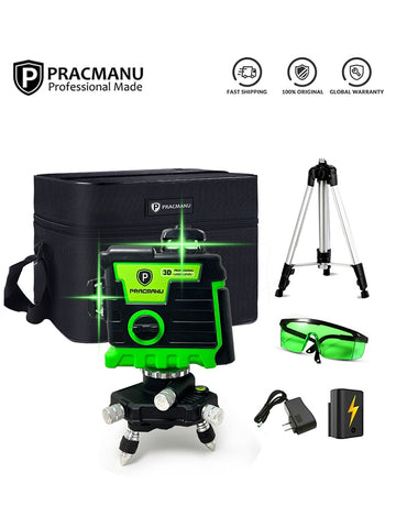 Pracmanu Laser Level 12 Lines 3D Level Self-Leveling Horizontal and Vertical Cross Super Powerful Green Laser Beams