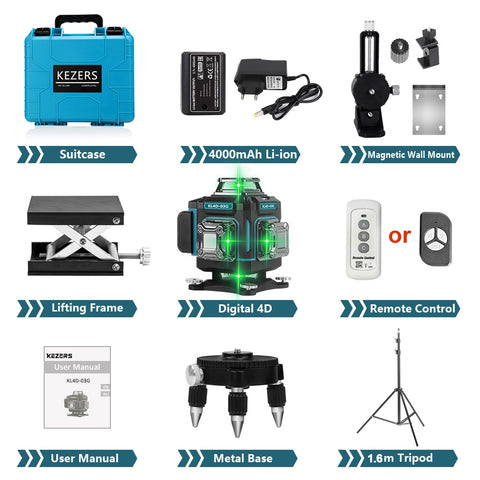 KEZERS Display Green Laser Level 16 Lines 4D 360 1PC 4000mAh Li-ion Battery лазерный уровень nivel láser Remote Control Suitcase