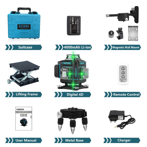 KEZERS Display Green Laser Level 16 Lines 4D 360 1PC 4000mAh Li-ion Battery лазерный уровень nivel láser Remote Control Suitcase