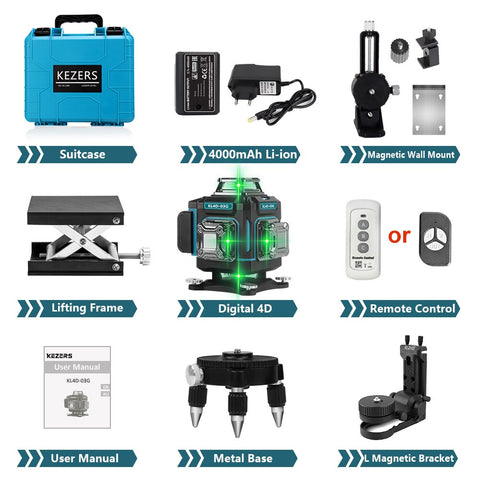 KEZERS Display Green Laser Level 16 Lines 4D 360 1PC 4000mAh Li-ion Battery лазерный уровень nivel láser Remote Control Suitcase