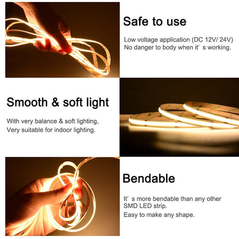 5m/lot COB LED Strip Light 320 480 LEDs/m 16.4ft High Density Flexible Tape Ribbon RA90 3000K 4000K 6500K Led Lights DC12V 24V