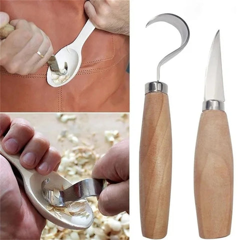1pcs/2pcs New Stainless Steel Woodcarving Cutter Woodwork Sculptural DIY Wood Handle Spoon Carving Knife Woodcut Tools Kit