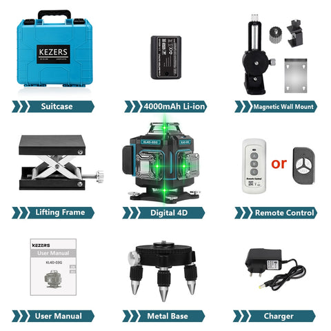 KEZERS Display Green Laser Level 16 Lines 4D 360 1PC 4000mAh Li-ion Battery лазерный уровень nivel láser Remote Control Suitcase