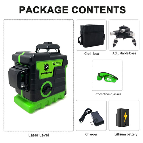 Pracmanu Laser Level 12 Lines 3D Level Self-Leveling Horizontal and Vertical Cross Super Powerful Green Laser Beams