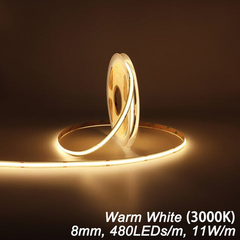 UL Listed COB LED Strip Light 480 528 LEDs/m 16.4ft High Density Flexible Tape Ribbon 3000-6500K RA90 Led Lights DC12V