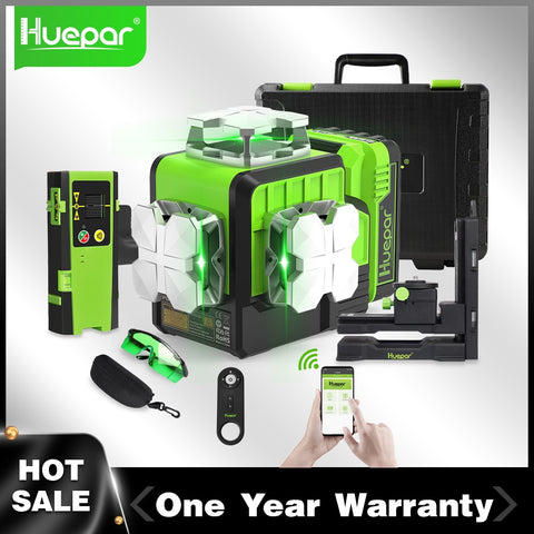 Huepar 3D Cross Line Laser Level Self Leveling outdoor Bluetooth Remote Control Laser Kits With li-ion Battery Hard Carry Case