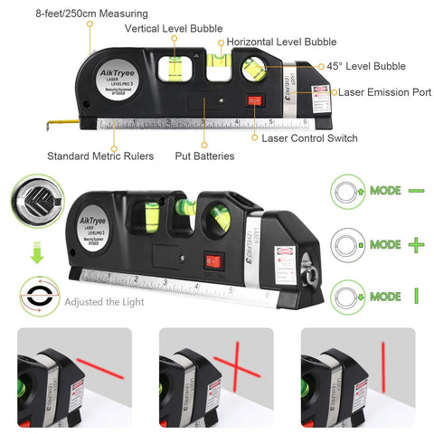 New Laser Level Horizon Vertical Measure 8FT Aligner Standard and Metric Rulers Multipurpose Measure Level Laser Black