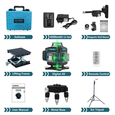 KEZERS Display Green Laser Level 16 Lines 4D 360 1PC 4000mAh Li-ion Battery лазерный уровень nivel láser Remote Control Suitcase