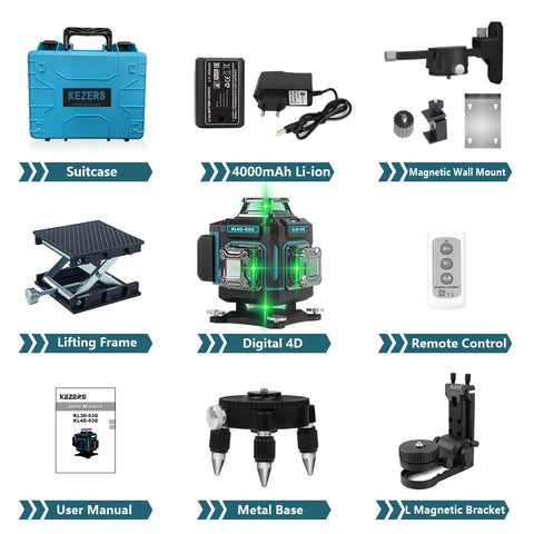KEZERS Display Green Laser Level 16 Lines 4D 360 1PC 4000mAh Li-ion Battery лазерный уровень nivel láser Remote Control Suitcase