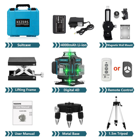 KEZERS Display Green Laser Level 16 Lines 4D 360 1PC 4000mAh Li-ion Battery лазерный уровень nivel láser Remote Control Suitcase