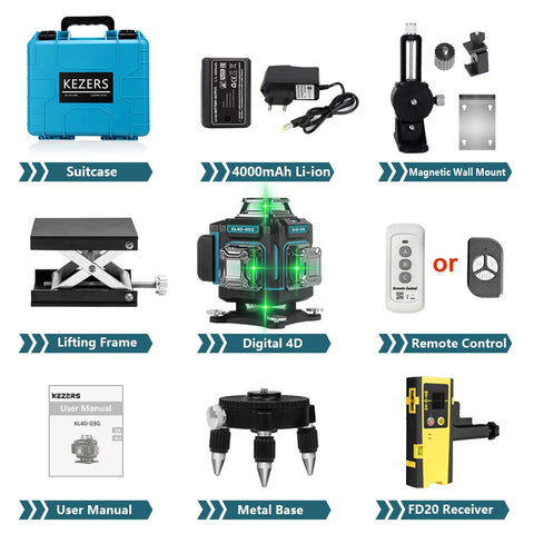 KEZERS Display Green Laser Level 16 Lines 4D 360 1PC 4000mAh Li-ion Battery лазерный уровень nivel láser Remote Control Suitcase