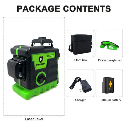 Pracmanu Laser Level 12 Lines 3D Level Self-Leveling Horizontal and Vertical Cross Super Powerful Green Laser Beams