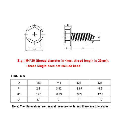 304 Stainless Steel Self-Tapping Phillips Hex Screw Cross Hexagonal Flange Cross Head Screws Wood Nail M3 M4 M5 M6