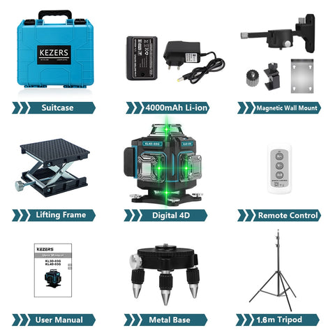 KEZERS Display Green Laser Level 16 Lines 4D 360 1PC 4000mAh Li-ion Battery лазерный уровень nivel láser Remote Control Suitcase