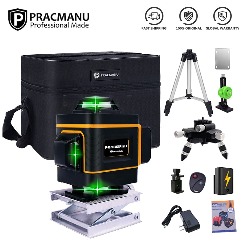 Pracmanu-Nivel láser 4D, 16 líneas, Cruz Horizontal y Vertical, superpotente, autonivelante, línea verde