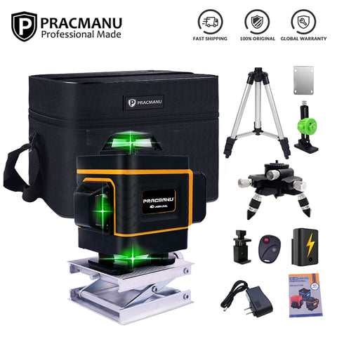 Pracmanu-Nivel láser 4D, 16 líneas, Cruz Horizontal y Vertical, superpotente, autonivelante, línea verde