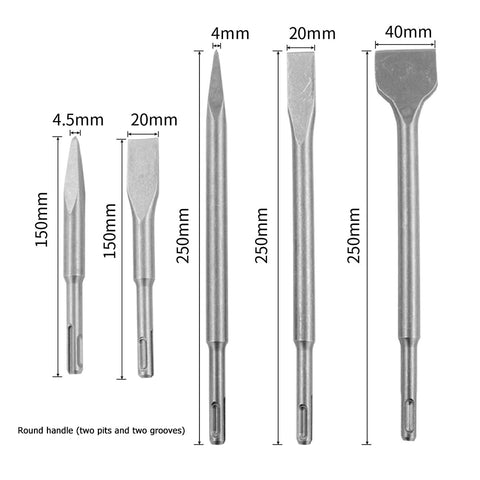 5pcs 250mm SDS PLUS Chisels Set Point Groove Gouge Flat Chisel Electric Hammer Drill Bit Break Concrete Brick Wall Drilling