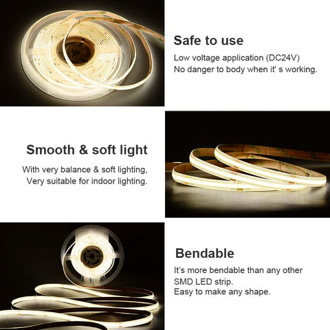 IP65 Waterproof COB LED Strip Light High Density 480 LEDs/m Flexible Tape Ribbon RA90 3000K 4000K 6500K Led Lights DC24V 5m