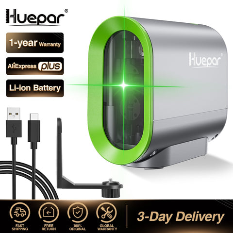 Huepar 2 lines Self-leveling Laser Level &amp; Rechargeable Li-ion Battery Green Beam Cross Line with Pulse Mode &amp; Tripod laser Tool