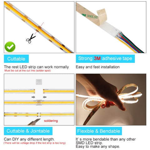 UL Listed COB LED Strip Light 480 528 LEDs/m 16.4ft High Density Flexible Tape Ribbon 3000-6500K RA90 Led Lights DC12V