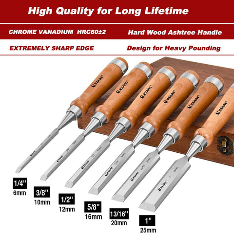 6Pcs Wood Chisel Tool Sets Woodworking Carving Kit with Premium Wooden Case for Carpenter Craftsman