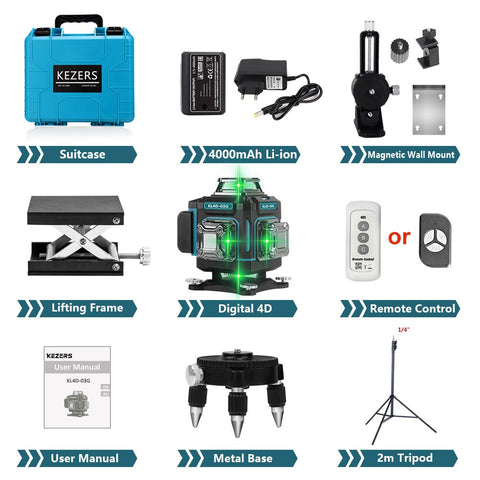 KEZERS Display Green Laser Level 16 Lines 4D 360 1PC 4000mAh Li-ion Battery лазерный уровень nivel láser Remote Control Suitcase