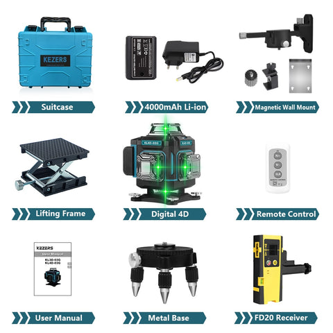 KEZERS Display Green Laser Level 16 Lines 4D 360 1PC 4000mAh Li-ion Battery лазерный уровень nivel láser Remote Control Suitcase