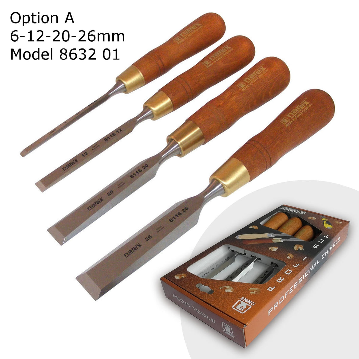Set of 4pcs Bevel Edge Chisels PREMIUM in Paper Box, Model 8632, Narex, Wood Line Plus, Fine Woodworking