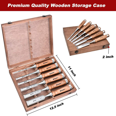 EZARC 6pcs Wood Chisel Set for Woodworking CRV Steel with Walnut Handle in Wooden Premium Box