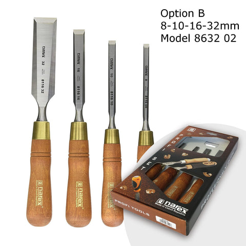 Set of 4pcs Bevel Edge Chisels PREMIUM in Paper Box, Model 8632, Narex, Wood Line Plus, Fine Woodworking